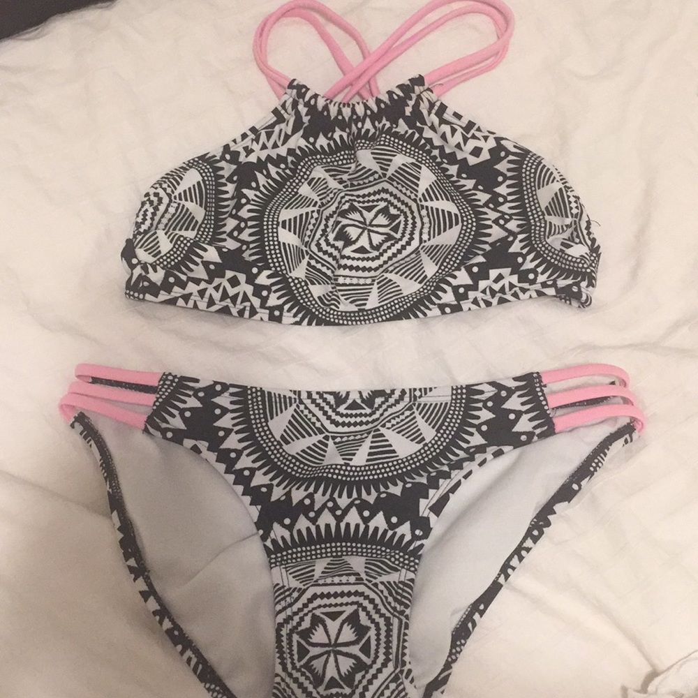 Pink and white and black bikini